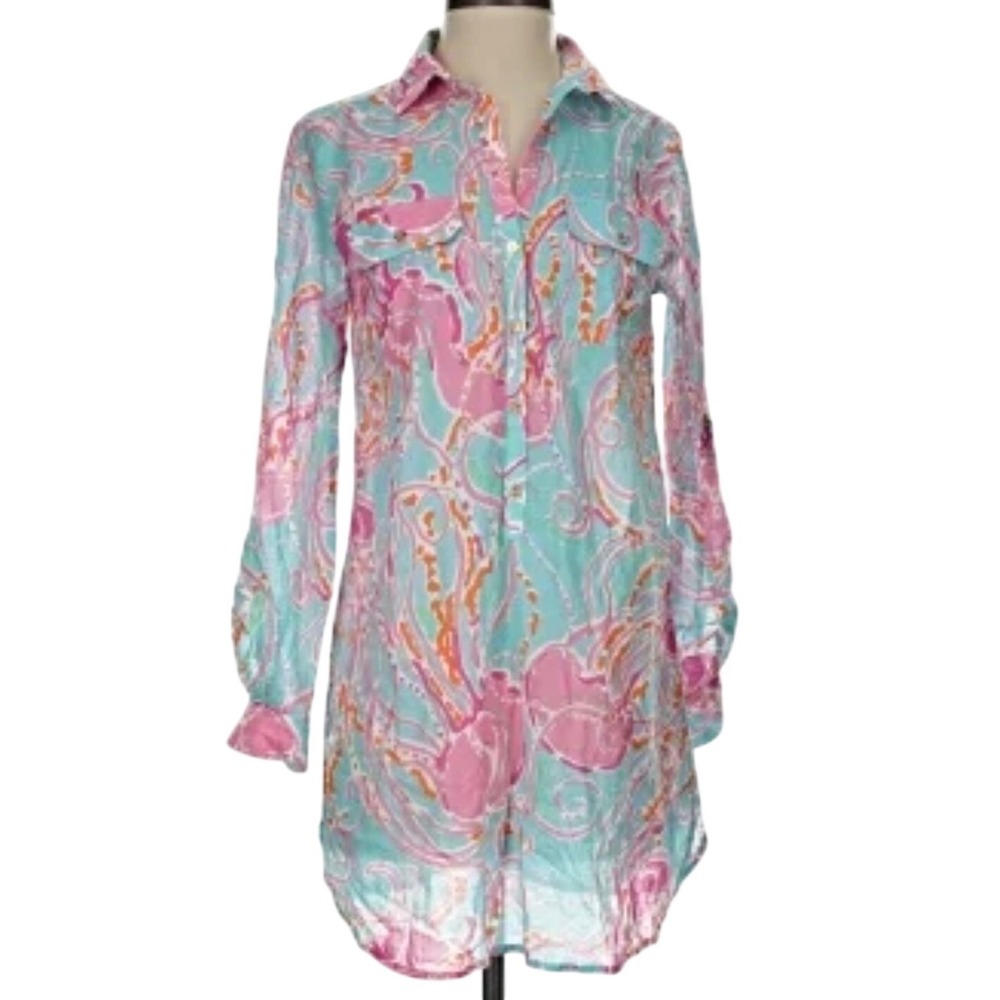 Lilly Pulitzer Tunic Top Coverup Womens S Blue Pink‎ Cotton Swim Popover Resort